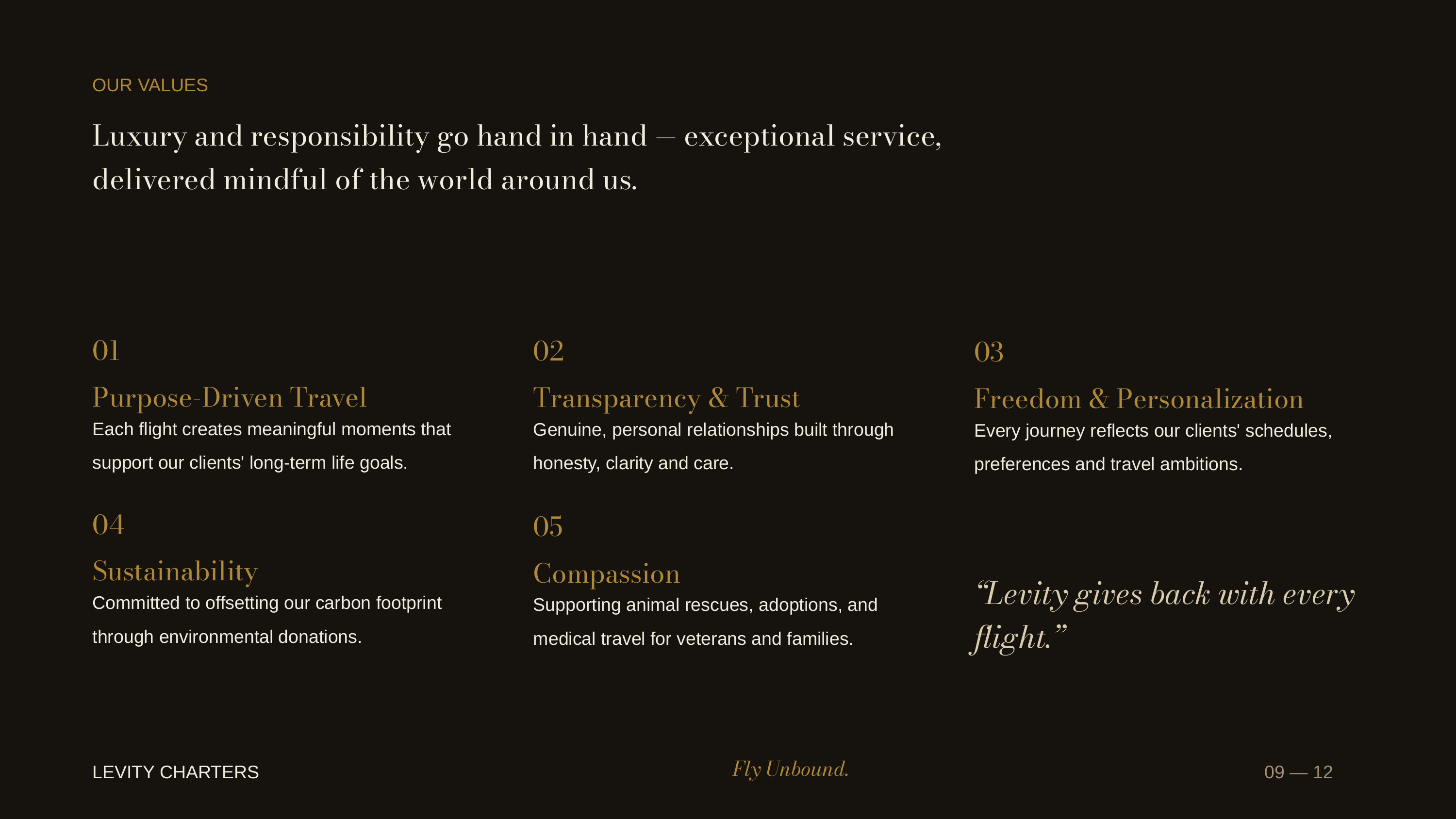 Levity Charters deck slide — Our Values