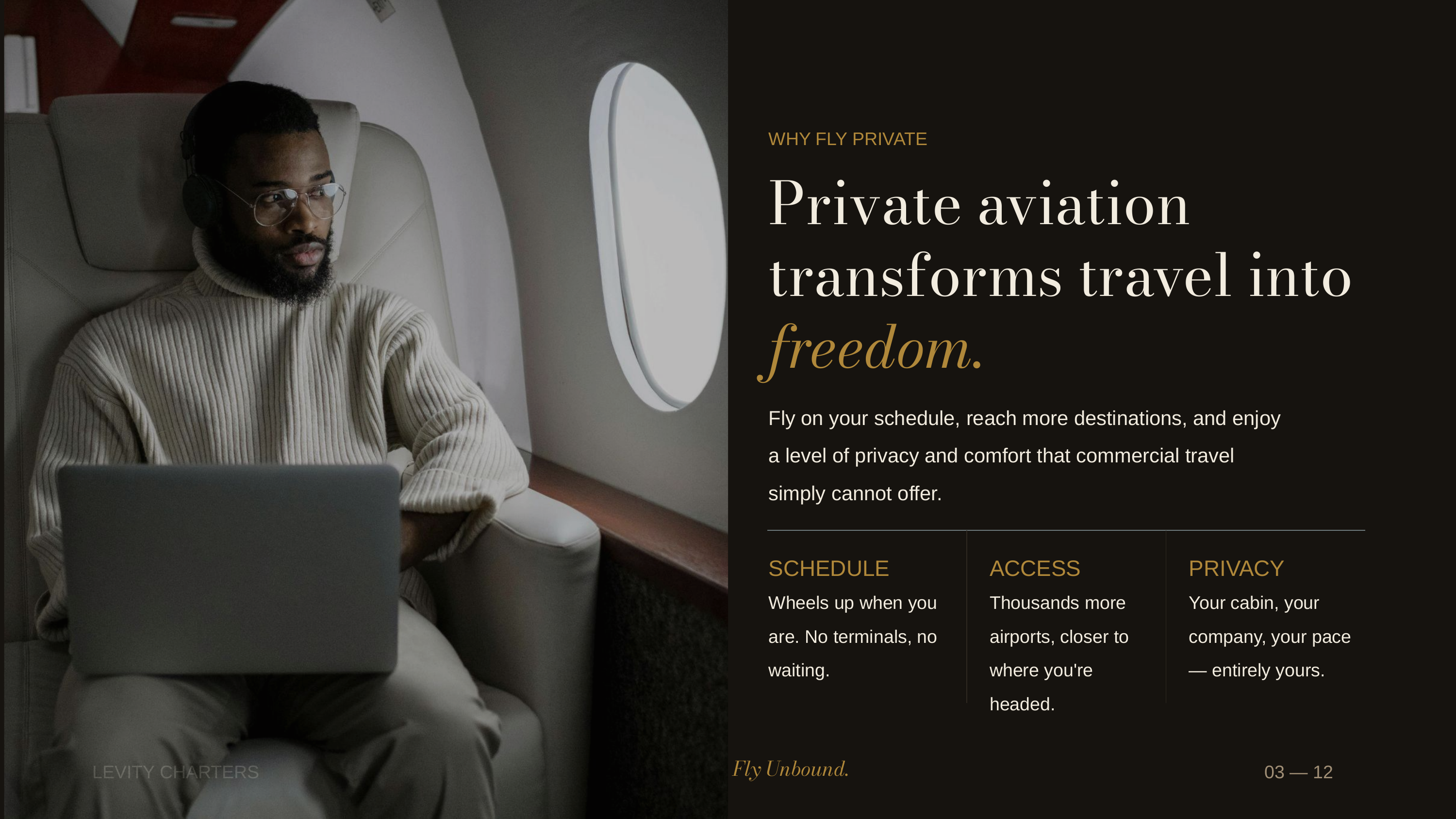 Levity Charters deck slide — Why Fly Private